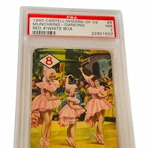 Carte à collectionner Le Magicien d'Oz 1940 Castell Dorothy Lion épouvantail Tin Man méchante sorcière Munchkins ballerine dansante vintage éphémère graduée PSA 7