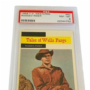 TV Westerns Trading card 1958 beoordeeld PSA 8 Mint Cowboy Rugged Rider #60 Tales of Wells Fargo