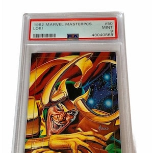 Marvel Masterpieces Trading Card Comic Sky Box Avengers Super Hero não esportivo 1992 Loki Rookie RC #50 classificado PSA 9 Mint RARE Thor Disney