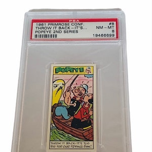 Popeye Sailor Man Trading Card Primrose Sweets Candy England 1970 vintage Olive Oyl Swee Pea Wimpy Brutus Oscar #8 graded PSA 8 whale fish