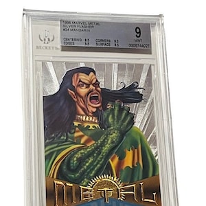 Mandarin Shang Chi 1995 Marvel Metall Silber Flasher Sammelkarte Comic Avengers X-Men Spider-Man Superheld 1995 Rookie rc Graded BGS 9 Uhr