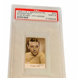 George Raft Tobacco Trading Card 1935 C&T Bridgewater Film Stars 4e serie gesorteerd PSA Mint #34 miniatuur mini zwart-witfilms