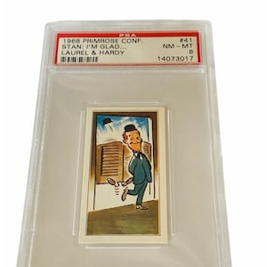 Laurel and Hardy Trading Card 1968 Primrose Oh Ollie Stan Graded PSA 8 mint Stan I&#39;m Glad #41 mood