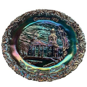Fenton Art Carnival Glass Collectors Plate Figurine opalescent vintage Christmas Holiday gift decor vtg #3 Two Horned Church Marietta Ohio