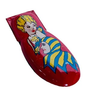 ANTIK BLECH NOISEMAKER Cartoon Thema Vintage Spielzeug Griff USA machte uns Marx Leben der Party Gastliebe Kirchhof vtg Clicker Liebe Narr Clown Zirkus