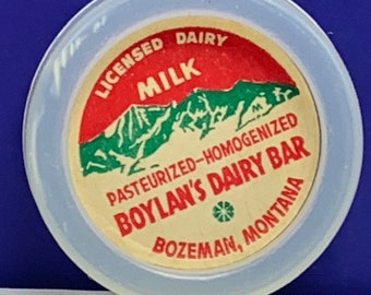 MILK BOTTLE CAP vintage dairy pasteurized farm advertising vtg cow pog 1930s ephemera paper Boylans bar Bozeman Montana Mt mountains usa
