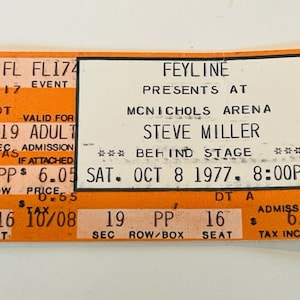 Steve Miller Band Concert Ticket Stub Pop Memorabilia Musik Heavy Metal Country Ephemera Sammlerstück vtg 1977 Mcnichols Denver Colorado