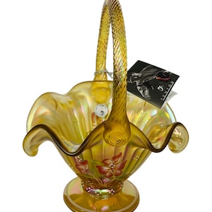 Fenton Art Glass Basket Figurine SIGNED wave crest Trellis Gold Christmas satin