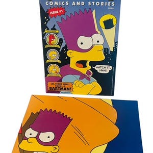May include: A comic book cover featuring Bart Simpson as Bartman, a superhero. The cover is yellow and blue with the title "Simpsons Comics and Stories" and "Issue #1".