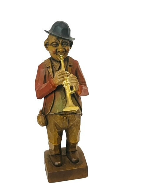 Wood Carved Figurine Jazz Band Gift Germany Bar Vtg Black Forest Trumpet Horn