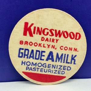 MILK BOTTLE CAP vintage dairy pasteurized farm advertising vtg pog 1930s ephemera Kingswood Brooklyn connecticut Ct homogenized americana us
