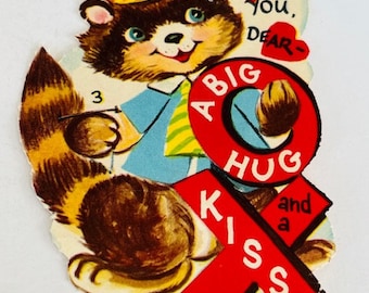 Karte zum Valentinstag Vtg Antikes Dekorationsschild Ephemera 1960er Jahre Waschbär Kuss Kuss Tierfreund BC1