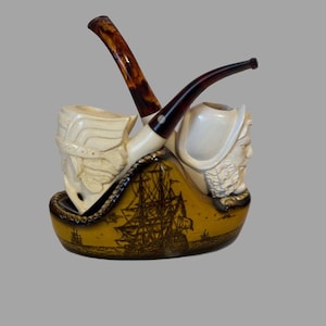 Vintage Briar Estate Tobacco Pipe Set 2 Meerschaum Display Pirate Ship Face RARE