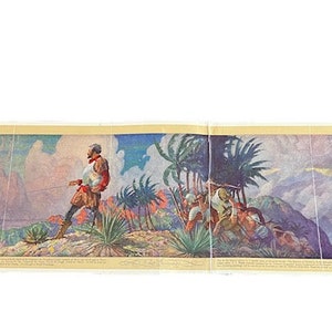 May include: A vintage print depicting a scene from history. A man in a red and white outfit stands on a rocky cliff overlooking a tropical island. The man is holding a sword and looking out at the ocean. In the background, a group of people are walking through the jungle. The print is in a muted color palette of blues, greens, and browns.