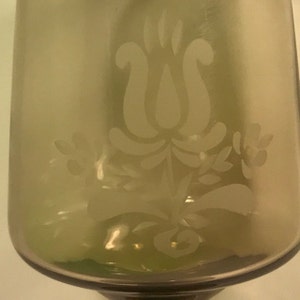 ANTIQUE TIARA GLASSWARE wineglass whickey glass Amber tinted color rose logo crest mark vintage bowl dark stem image 2