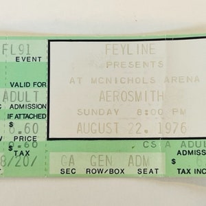 Aerosmith Feyline Konzertticket Stub Pop Memorabilia Musik Heavy Metal Country Ephemera Sammlerstück vtg 1976 Mcnichols Denver Colorado