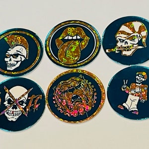 Skater Pogs lot Slammer Milk Cap game vtg skull skeleton retro punk grunge lips