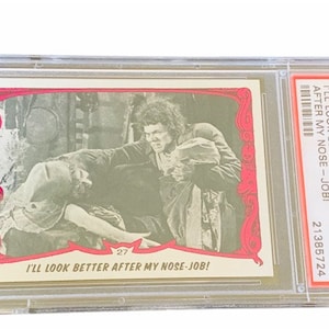 Horror Universal Monster You'll Die Laughing Trading Card Vintage 1980 Topps Graded PSA 9 Mint Gebochelde Notre Dame Quasimodo #27 neuscorrectie