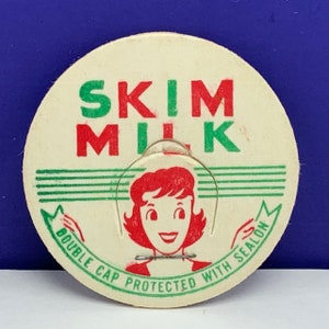 MILK BOTTLE CAP vintage dairy pasteurized farm advertising vtg cow pog 1930 ephemera Skim cartoon mom girl lady double sign seal on salesman