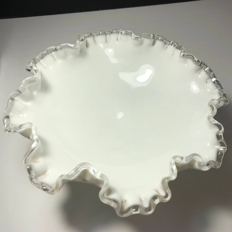 VINTAGE FENTON GLASSWARE vase glass milk white opalescent sculpture wave rim ribbed bowl candy dish silver crest wave rim ruffled footed