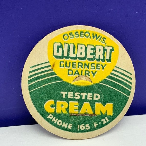 MILK BOTTLE CAP vintage dairy pasteurized farm advertising vtg cow pog 1930s ephemera paper Gilbert tested cream Osseo Wisconsin Wi guernsey