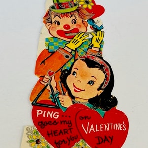 Cartão de Dia dos Namorados Vtg Decoração antiga sinal efêmero 1960 Palhaço Circo Ping BC1