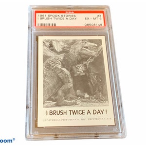 Horror Universal Monsters Trading Card Vintage 1963 Leaf Spook Stories Graded PSA 6 dinosaurus T-Rex Tyrannosaurus Rex prehistorische borstel tweemaal