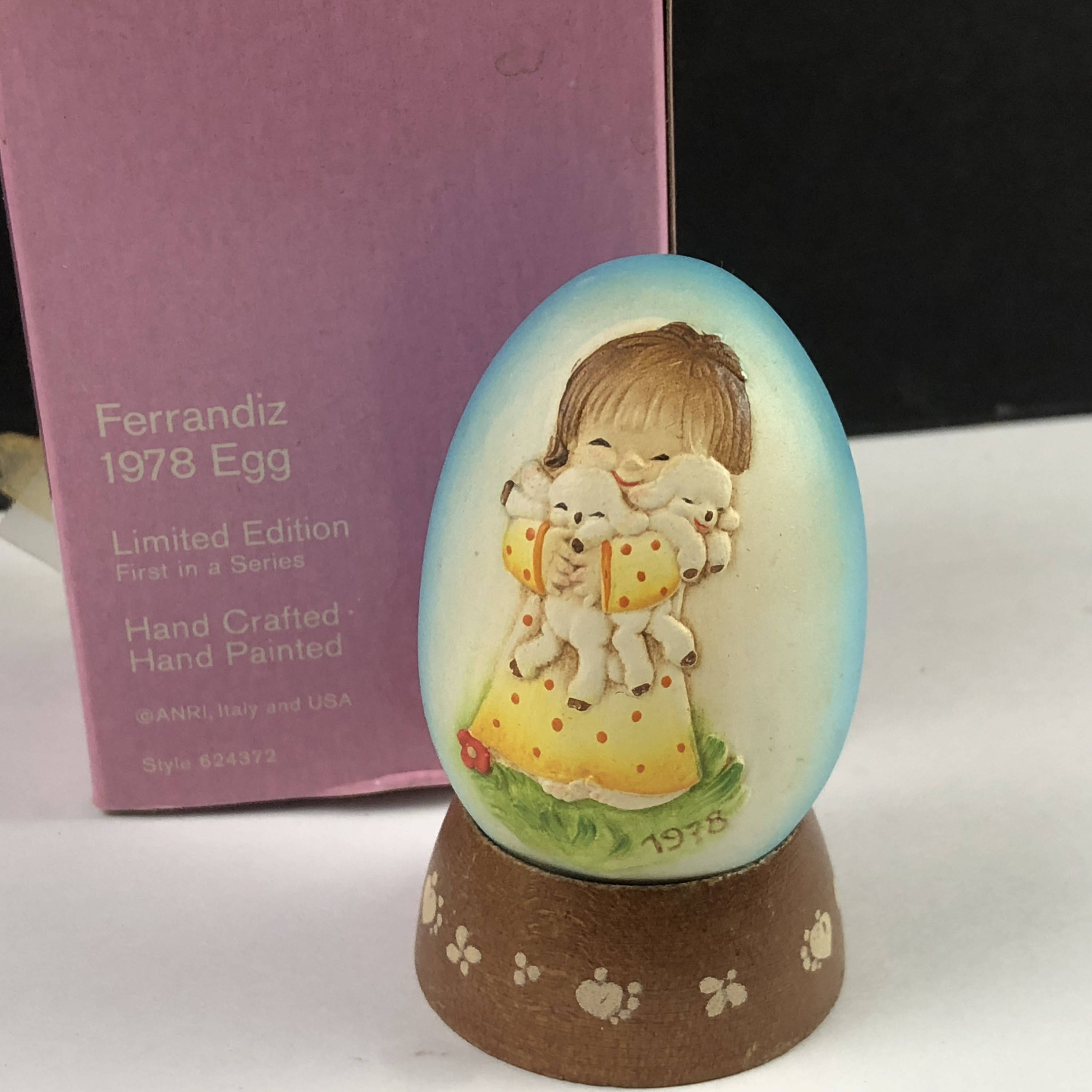 1978 ANRI COLLECTORS EGG Schmid Ferrandiz limited edition vintage figurine sculpture hanp painted wood girl sheep lamb yellow dress