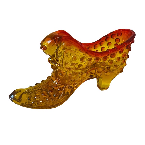 Fenton Art Glass Shoe Figurine Secret Slipper Boot cat Orange Red hobnail heel
