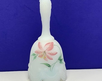 FENTON GLASS BELL vintage 1960s to 1970s glassware vtg mcm original collectible Depression milk white pink lily signed flower floral
