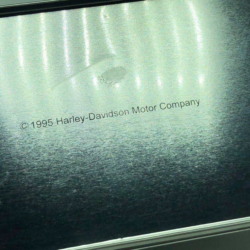 HARLEY DAVIDSON MOTORCYCLES 1995 vintage candy tin case metal box cycle advertising patsys candies emblem crest usa shield 1929 V twin 74