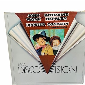 LASER DISC VIDEODISC Vintage laserdisc movie film video disc electronic media case cover 1978 Rooster Cogburn John Wayne Katherine Hepburn