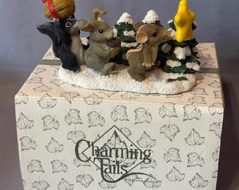 Figura vintage de colas encantadoras, ratón navideño de Fitz Floyd, estrella de seguimiento, caja de mofeta