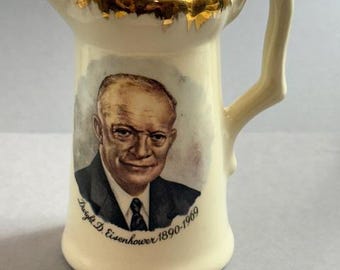Vintage Dwight D Eisenhower Cameo Mug Cup Miniature Pitcher Creamer Antique Gold