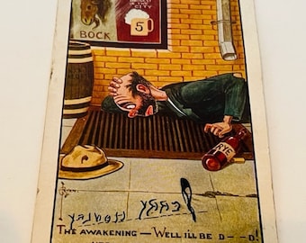 Antique Postcard Ephemera paper collectible post card souvenir divided back vintage Awakening Jail again drunk hobo rye whiskey Bock
