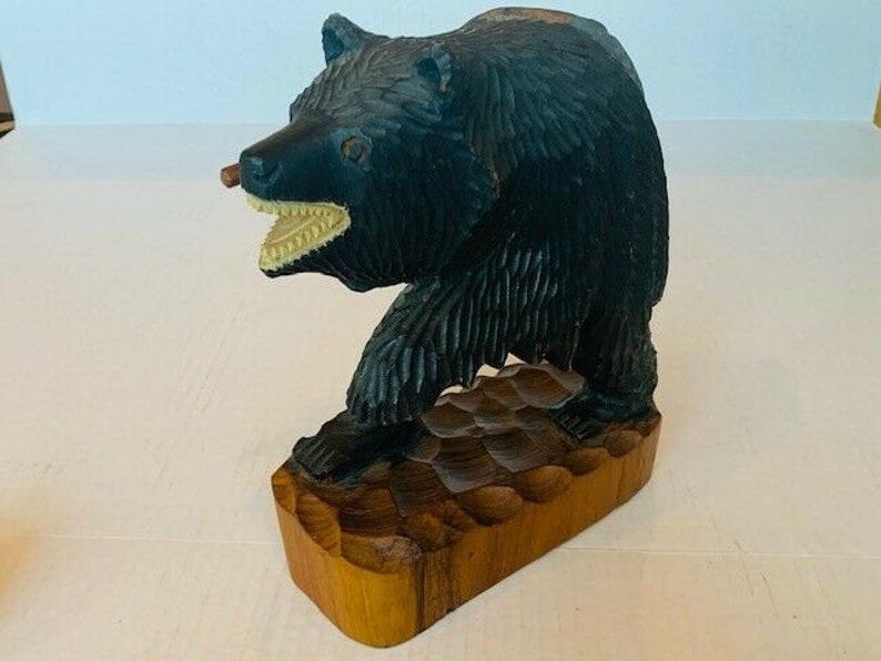Phil Craft Teakwood Wood Carved Sculpture Bear Teak Wood anthropomorphic Fishing figurine Kodiak brown black