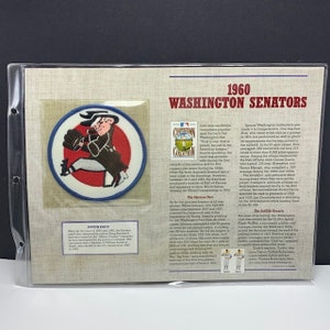 May include: A vintage baseball card featuring a cartoon illustration of a baseball player in a red, white, and blue uniform. The card is titled "1960 Washington Senators" and includes text about the team's history and notable players.