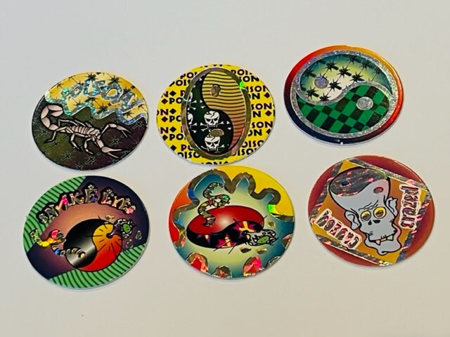 Retro Pogs Lot Slammer Milk Cap Game Vtg Skull Punk Grunge