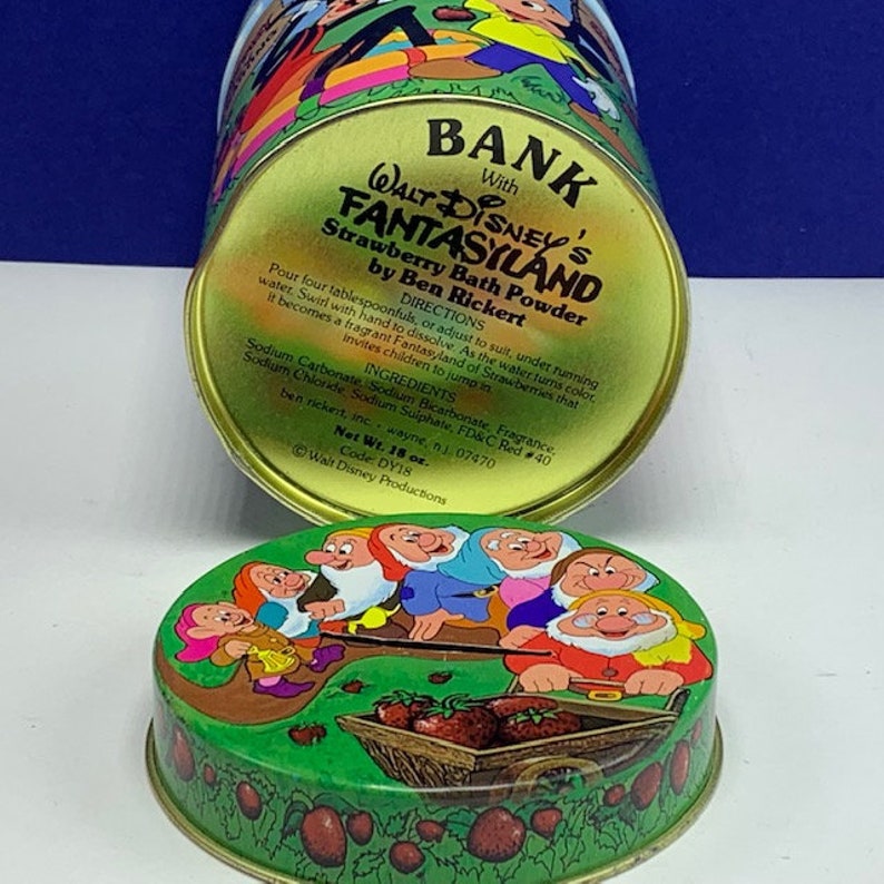 WALT DISNEY TIN bank strawberry soap advertising fantasyland Ben Rickert vintage vtg snow white seven dwarfs goofy donald duck mickey minnie