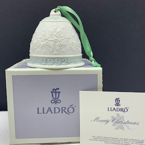 LLADRO PORCELAIN BELL Christmas ornament holiday Nao collectible figurine Spain vintage vtg nib box coa new old stock 1992 candle ribbon