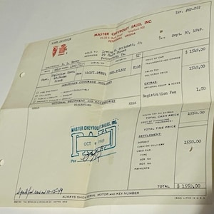Master Oval 1950 Car Receipt 1949 Verkauf Werbung Ephemera Auto Rechnung Antike BC1