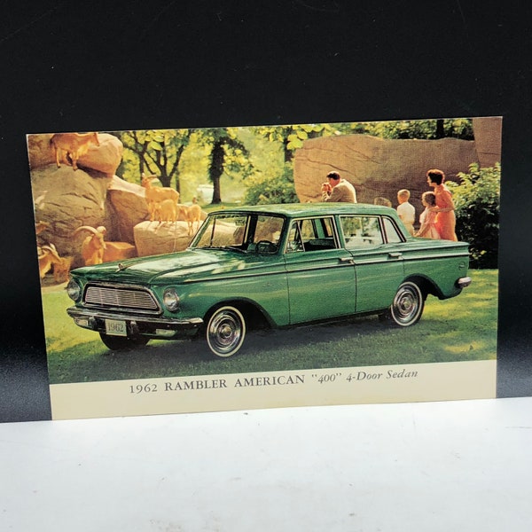 CLASSIC CAR POSTCARD vintage ephemera post card paper collectible transportation automobile 1962 rambler american 400 4 door sedan teal four