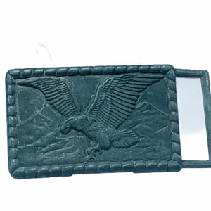 BELT BUCKLE VINTAGE advertising americana collectible vtg American Eagle gray pewter silver Bald Eagle bird falcon mountains