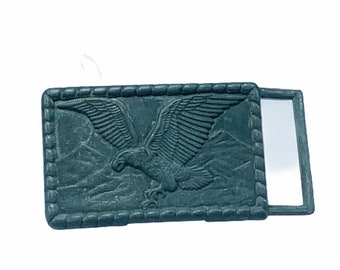 RIEM GESP VINTAGE reclame americana collectible vtg American Eagle grijze tin zilveren Bald Eagle vogel valk bergen