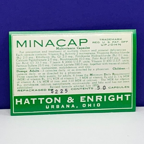 VINTAGE DRUG STORE label vintage 1930s ephemera paper pharmacy prescription vtg advertising Hatton Enright Minacap Urbana Ohio Oh green usa