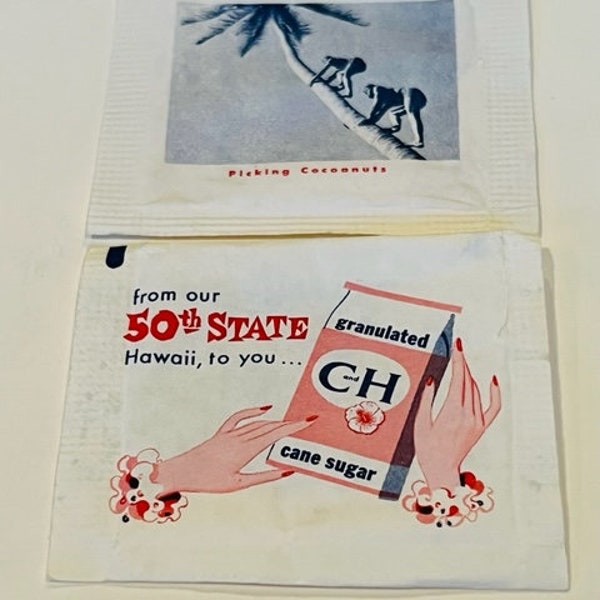 CH sugar packet Hawaii flowers tiki lot floral sign paper ephemera advertising vtg memorabilia 1960s island hula C and H Picking cocoanuts