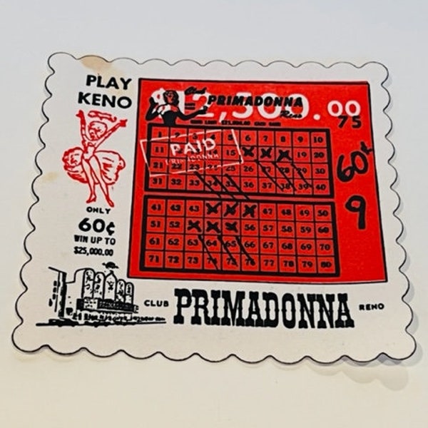 Drink Coaster Vintage 1950 to 1960 Beer Tea Coffee Paper Ephemera Hotel Motel restaurant advertising Play Keno Primadonna Reno Nevada NV