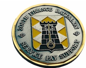 MONEDA DE DESAFÍO antigua 208.º Batallón de Finanzas, servicio, pago, apoyo, castillo militar, Alemania, Italia, peltre, plata