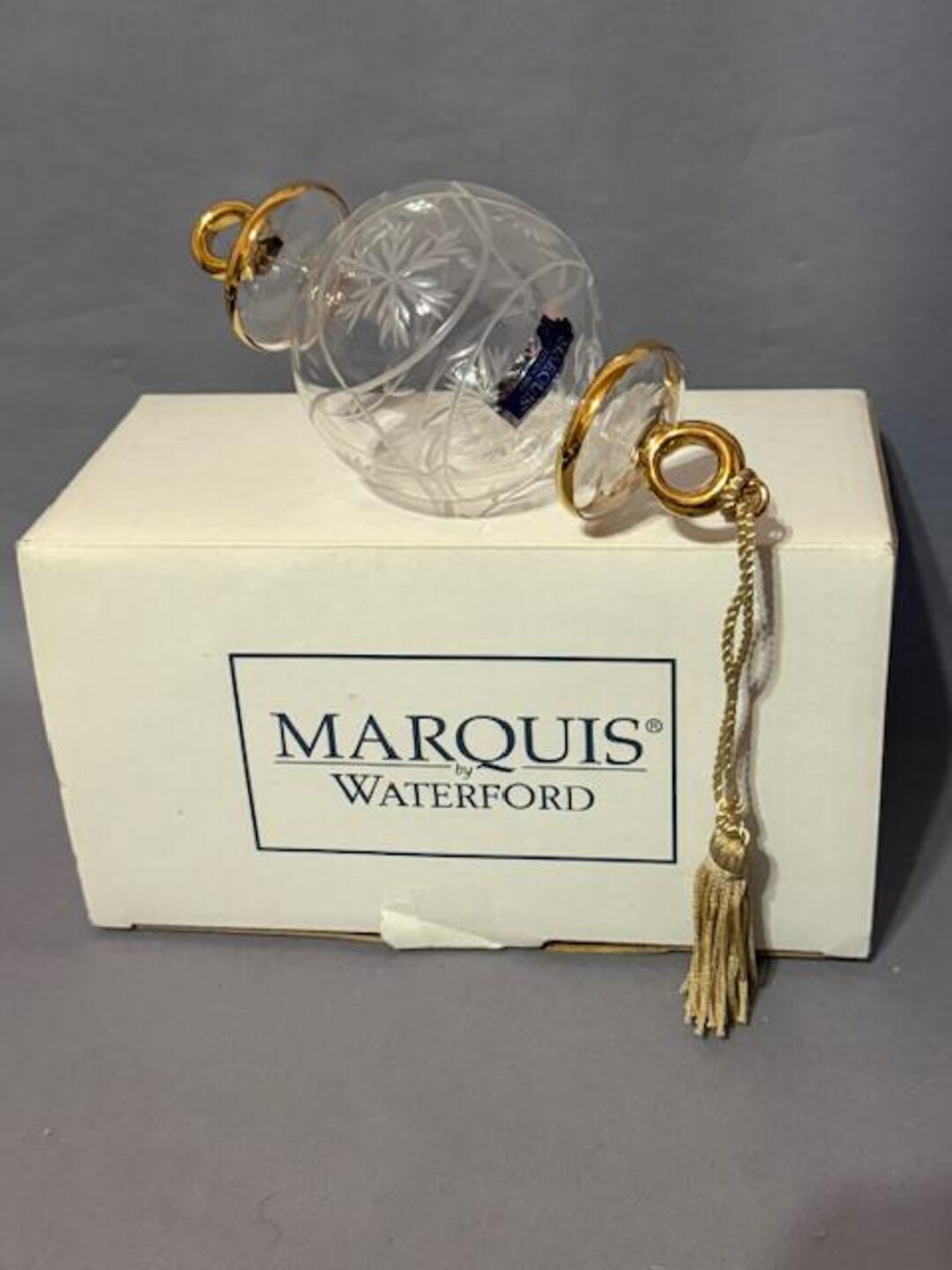 Vintage Marquis Waterford Glass Christmas Ornament Ball Gold Tassle Box ...