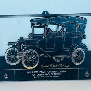 Ford Model T 1915 vintage plastic sign advertising plaque automobile classic car wall hanging Pikes Peak Bank Colorado transportation BC1